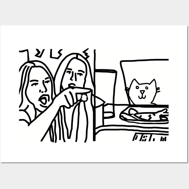 Woman Yelling at Cat Meme Humor Line Drawing Wall Art by ellenhenryart